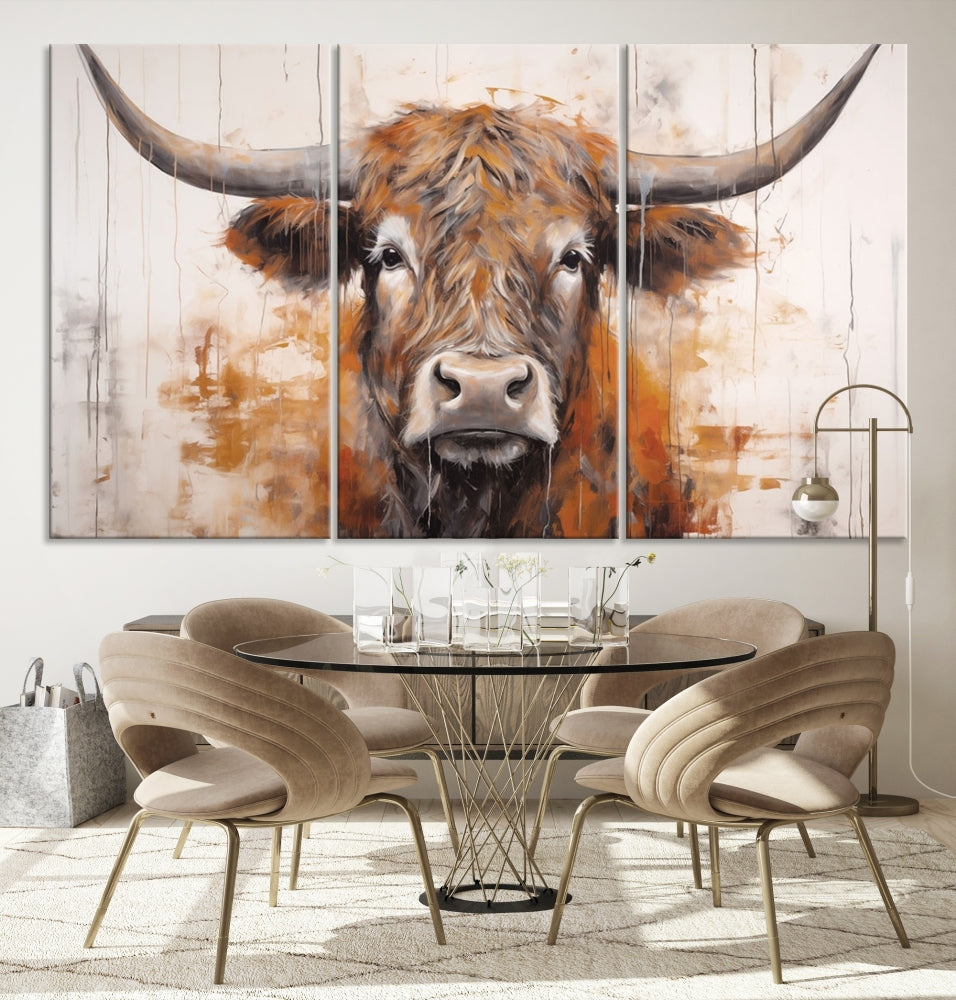 Hanging above is the impressive Highland Cow Canvas Wall Art Print, a piece of farmhouse-inspired decor in a bold artistic style.