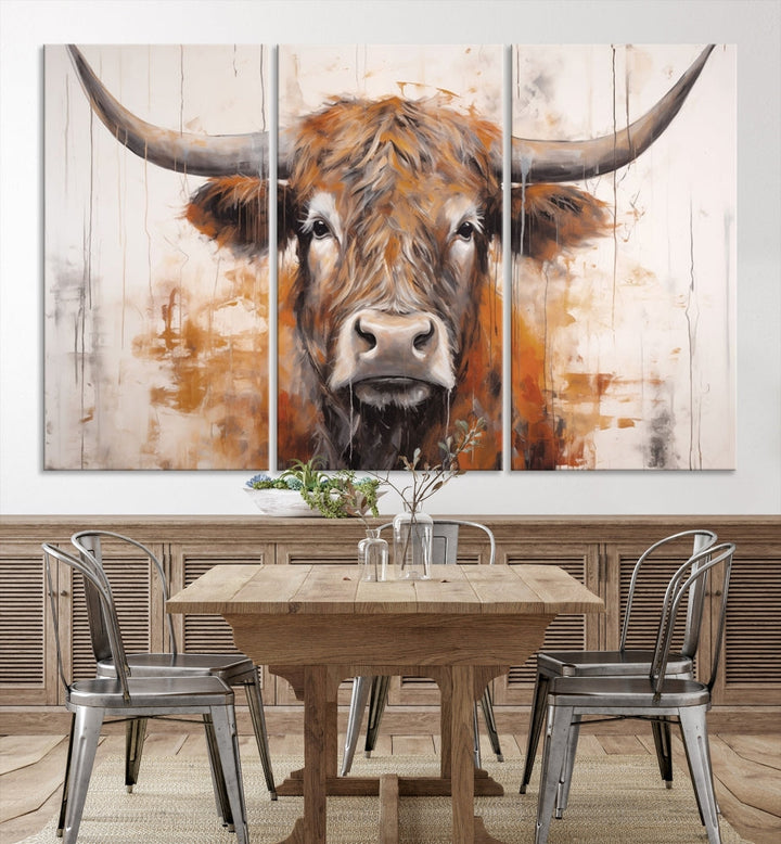 Hanging above is the impressive Highland Cow Canvas Wall Art Print, a piece of farmhouse-inspired decor in a bold artistic style.