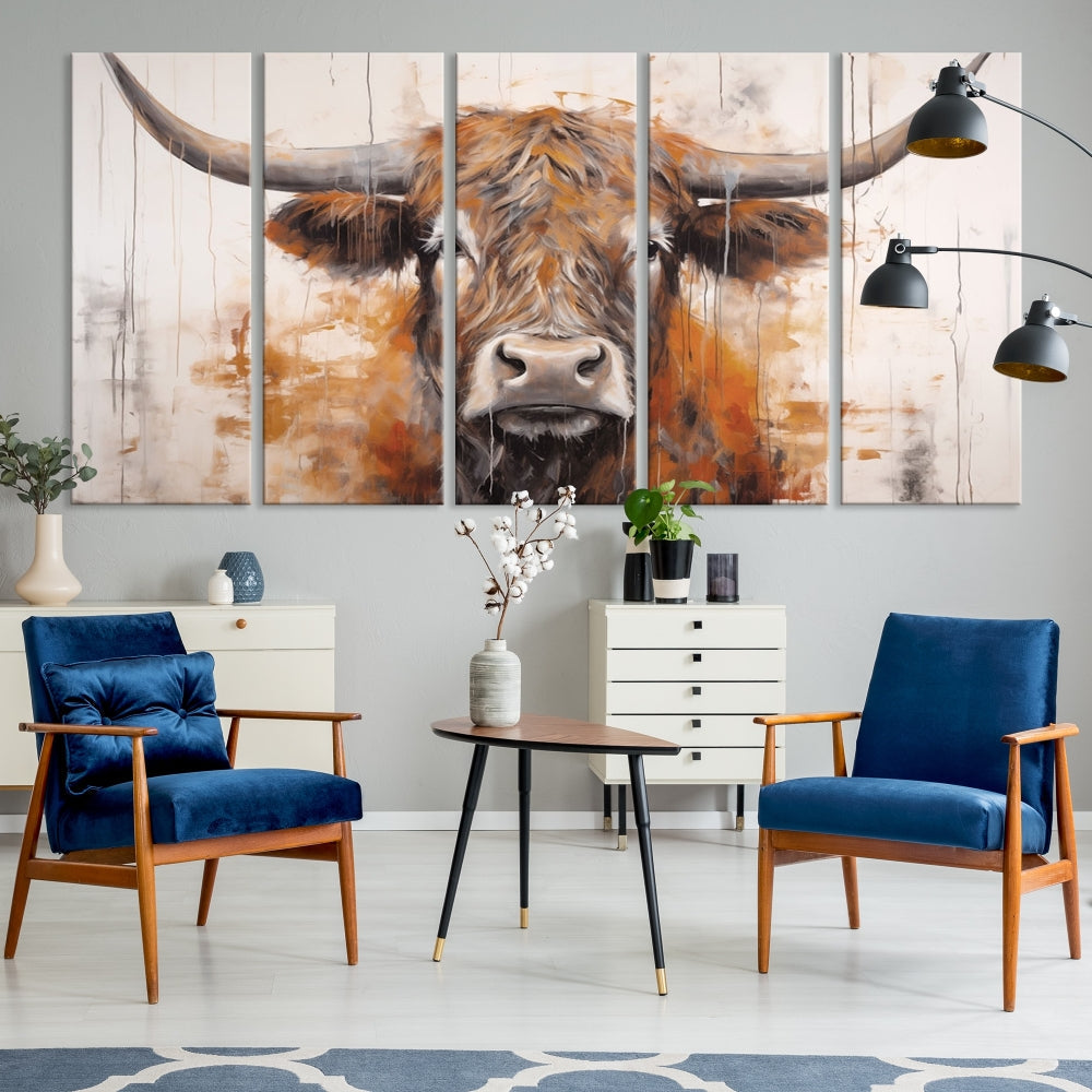 Hanging above is the impressive Highland Cow Canvas Wall Art Print, a piece of farmhouse-inspired decor in a bold artistic style.