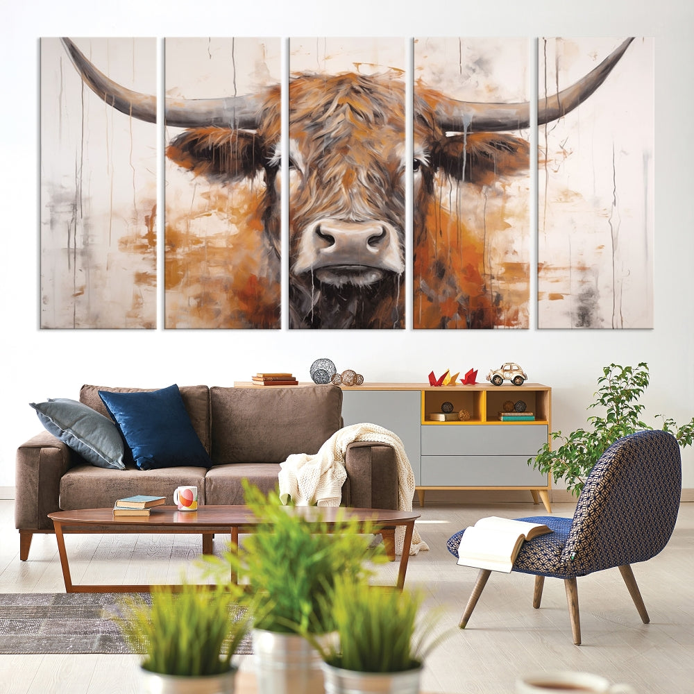 Hanging above is the impressive Highland Cow Canvas Wall Art Print, a piece of farmhouse-inspired decor in a bold artistic style.