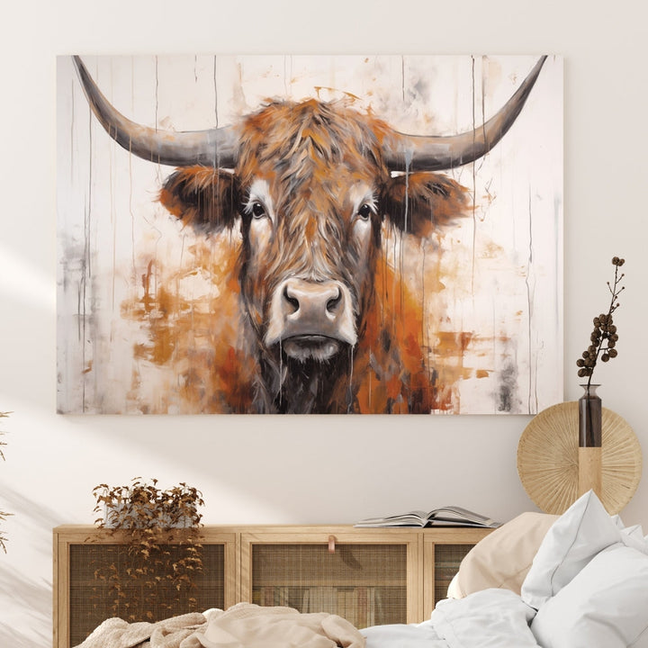 Hanging above is the impressive Highland Cow Canvas Wall Art Print, a piece of farmhouse-inspired decor in a bold artistic style.