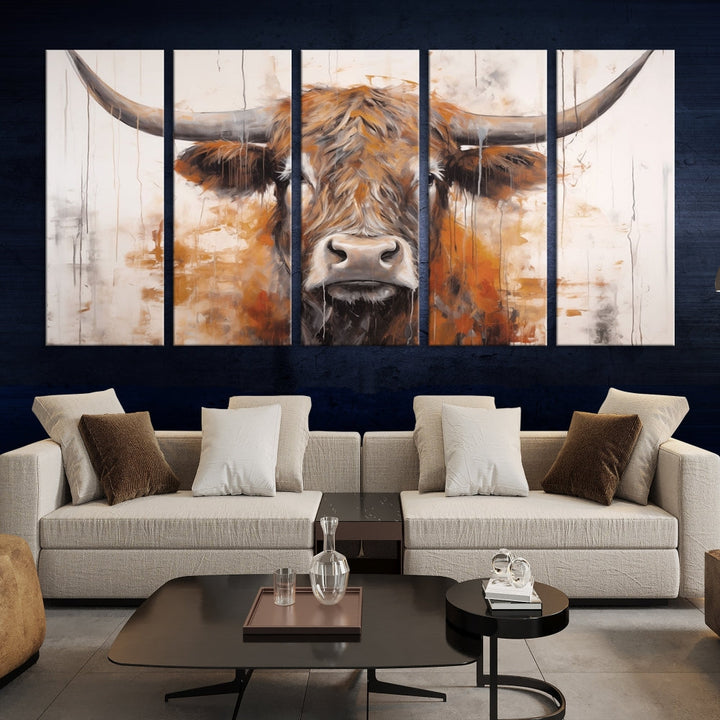 Hanging above is the impressive Highland Cow Canvas Wall Art Print, a piece of farmhouse-inspired decor in a bold artistic style.