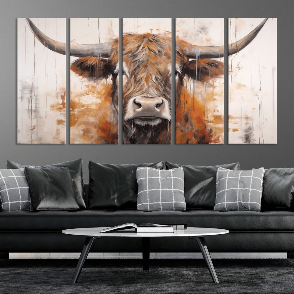 Hanging above is the impressive Highland Cow Canvas Wall Art Print, a piece of farmhouse-inspired decor in a bold artistic style.