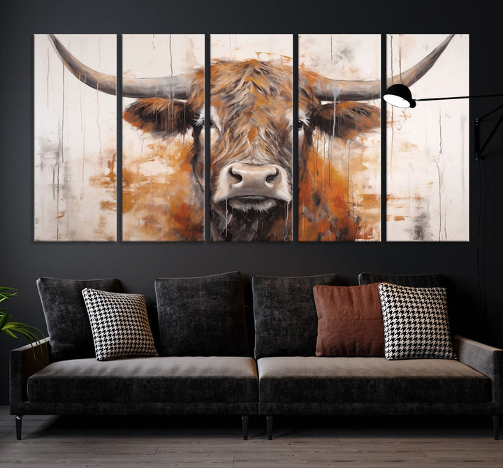 Hanging above is the impressive Highland Cow Canvas Wall Art Print, a piece of farmhouse-inspired decor in a bold artistic style.