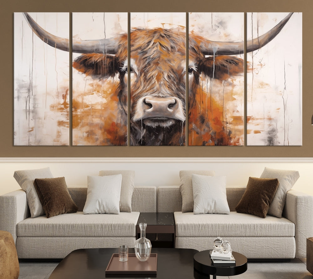 Hanging above is the impressive Highland Cow Canvas Wall Art Print, a piece of farmhouse-inspired decor in a bold artistic style.