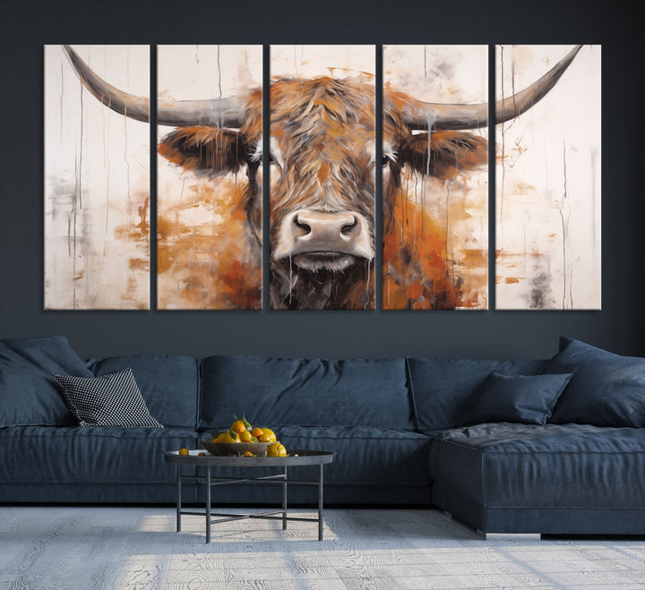 Hanging above is the impressive Highland Cow Canvas Wall Art Print, a piece of farmhouse-inspired decor in a bold artistic style.