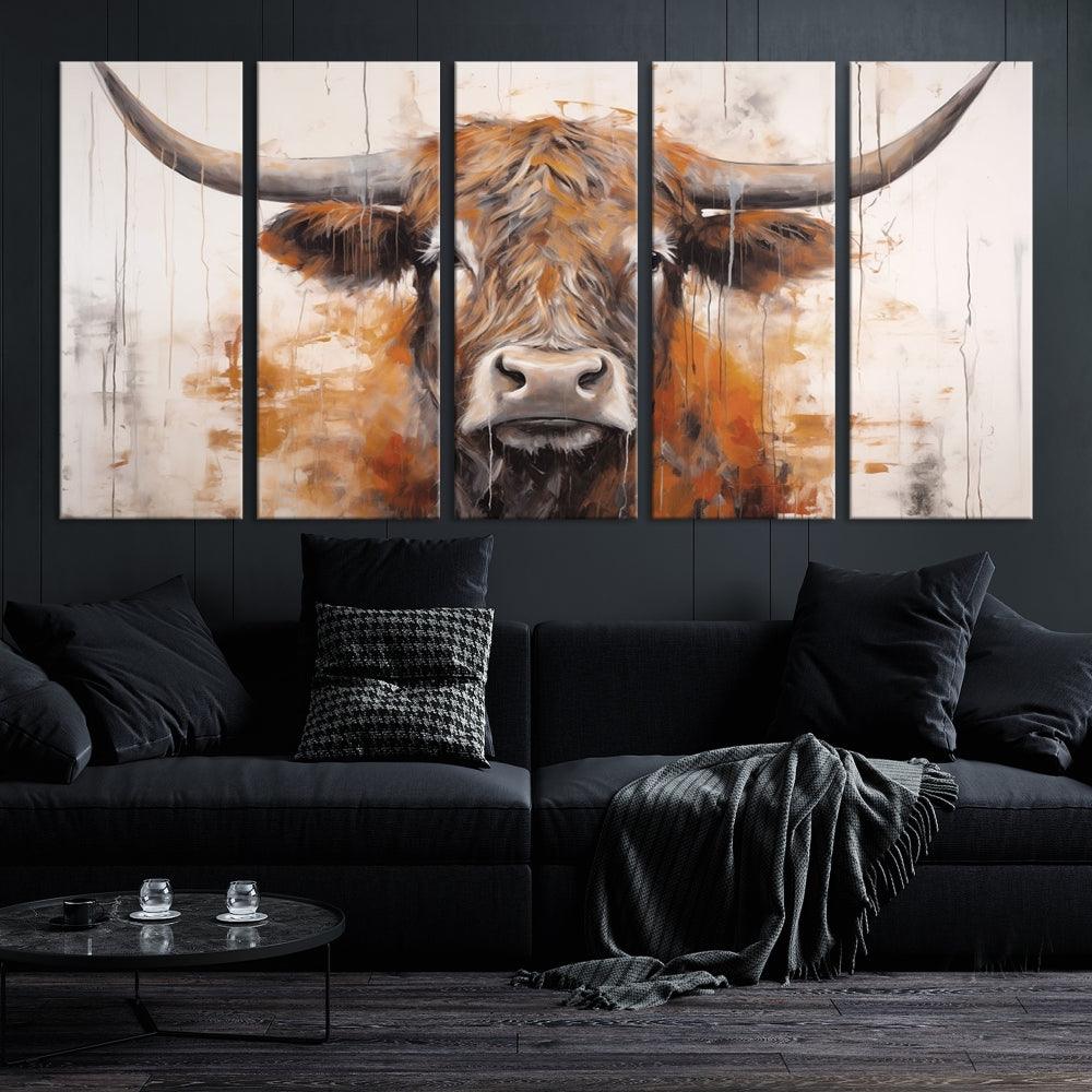 Hanging above is the impressive Highland Cow Canvas Wall Art Print, a piece of farmhouse-inspired decor in a bold artistic style.