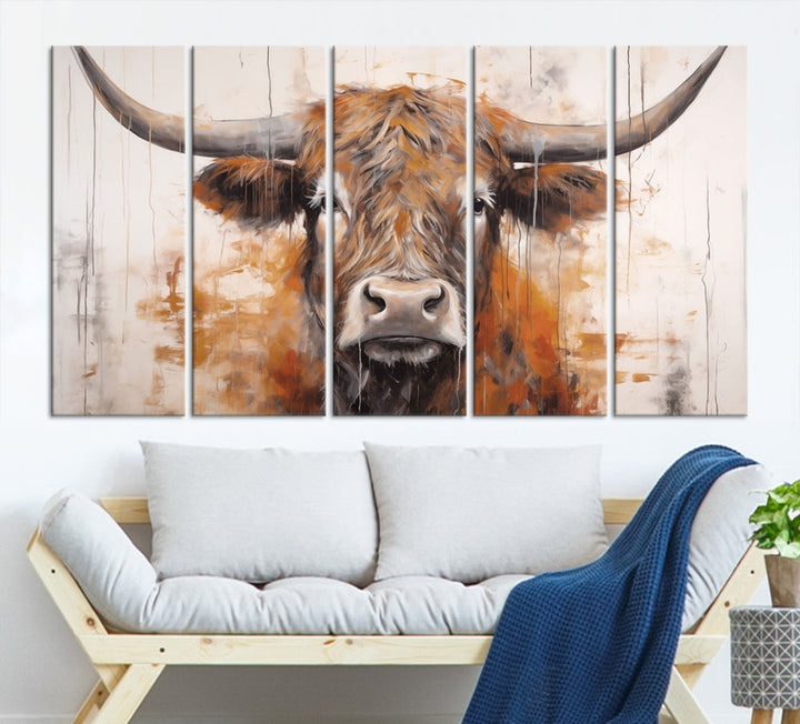 Hanging above is the impressive Highland Cow Canvas Wall Art Print, a piece of farmhouse-inspired decor in a bold artistic style.