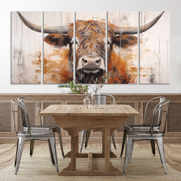 Hanging above is the impressive Highland Cow Canvas Wall Art Print, a piece of farmhouse-inspired decor in a bold artistic style.