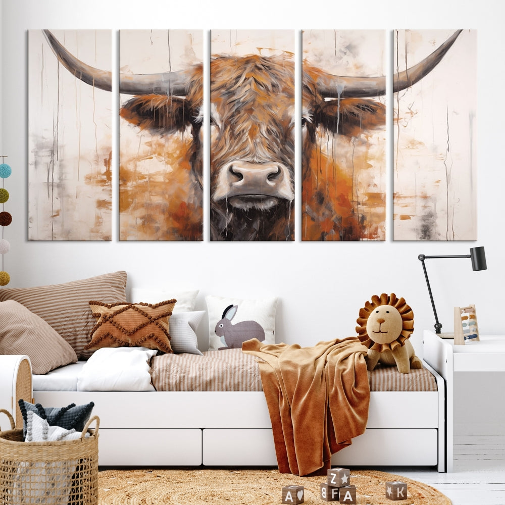 Hanging above is the impressive Highland Cow Canvas Wall Art Print, a piece of farmhouse-inspired decor in a bold artistic style.