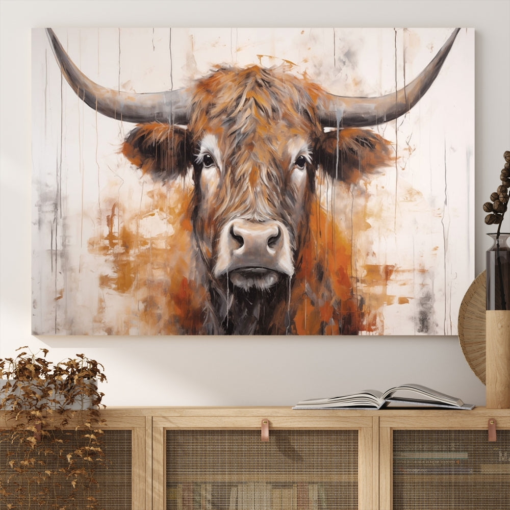 Hanging above is the impressive Highland Cow Canvas Wall Art Print, a piece of farmhouse-inspired decor in a bold artistic style.