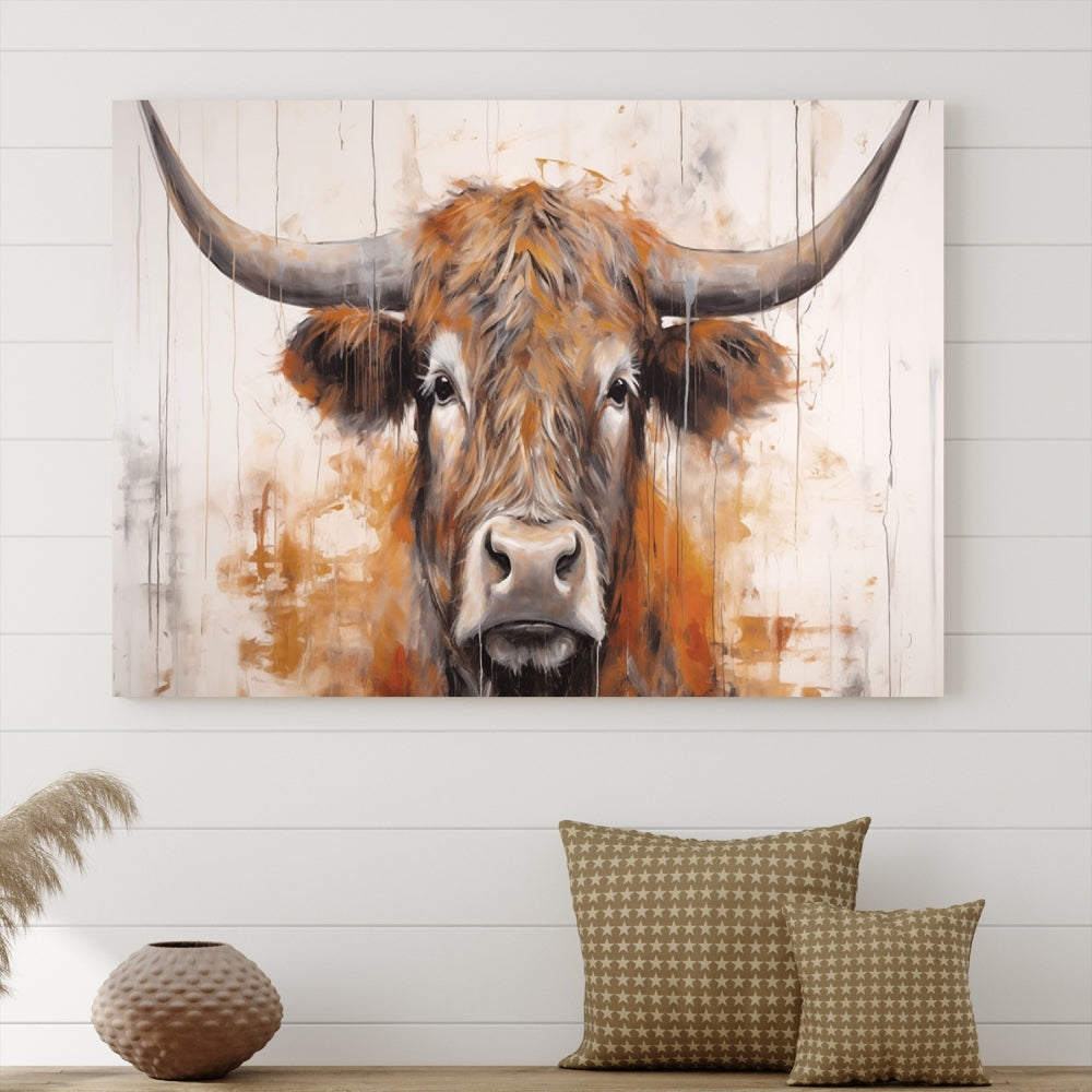 Hanging above is the impressive Highland Cow Canvas Wall Art Print, a piece of farmhouse-inspired decor in a bold artistic style.