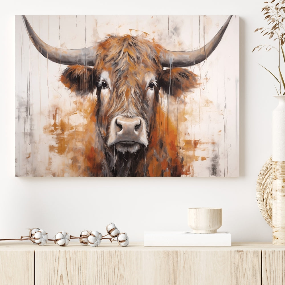 Hanging above is the impressive Highland Cow Canvas Wall Art Print, a piece of farmhouse-inspired decor in a bold artistic style.