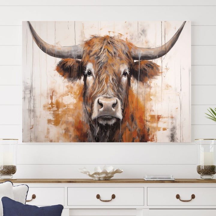 Hanging above is the impressive Highland Cow Canvas Wall Art Print, a piece of farmhouse-inspired decor in a bold artistic style.