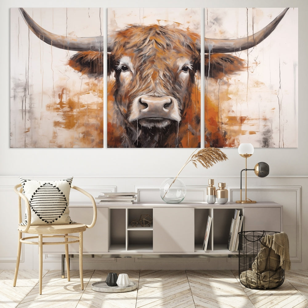 Hanging above is the impressive Highland Cow Canvas Wall Art Print, a piece of farmhouse-inspired decor in a bold artistic style.