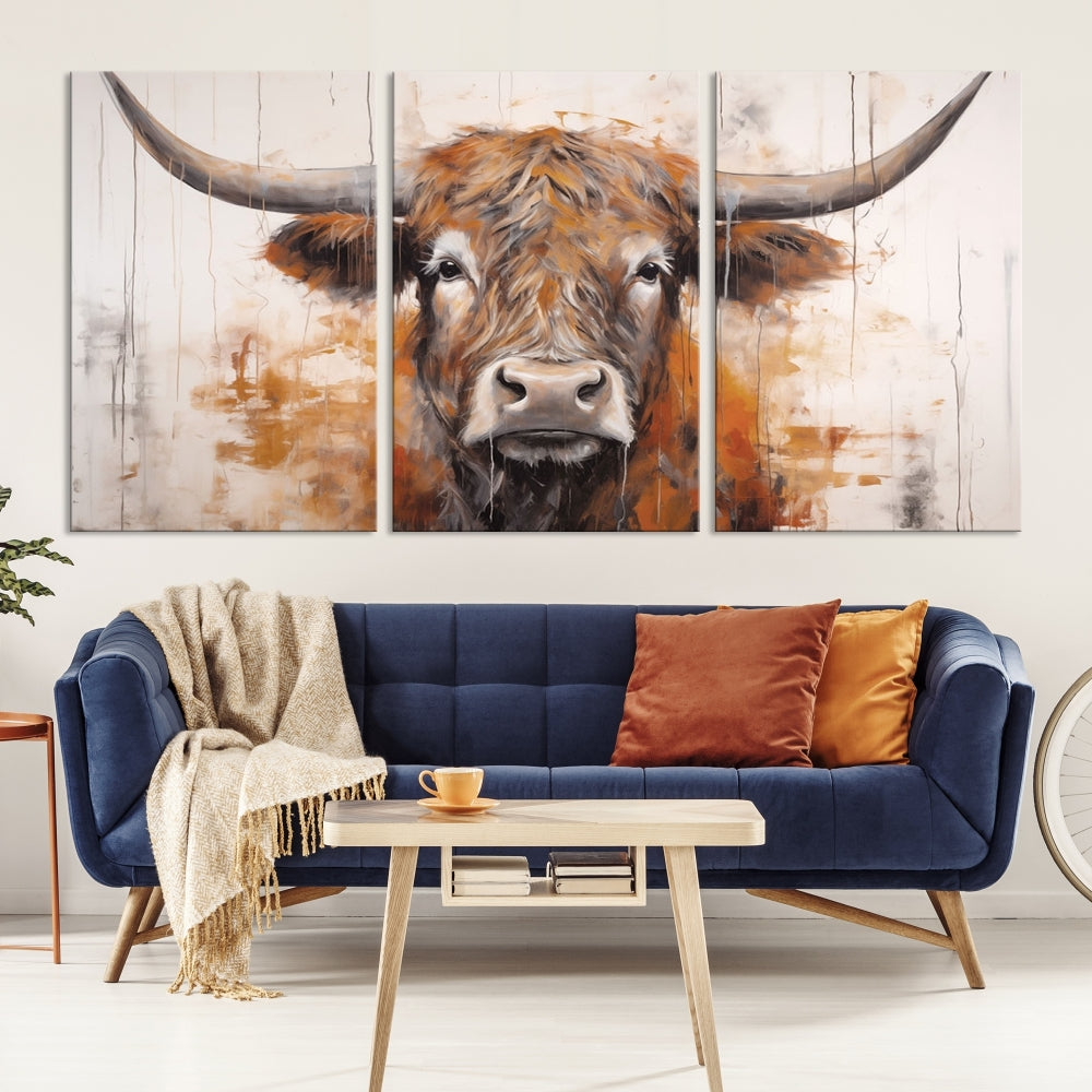 Hanging above is the impressive Highland Cow Canvas Wall Art Print, a piece of farmhouse-inspired decor in a bold artistic style.