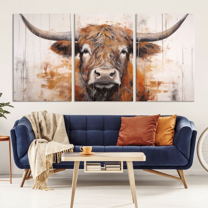 Hanging above is the impressive Highland Cow Canvas Wall Art Print, a piece of farmhouse-inspired decor in a bold artistic style.