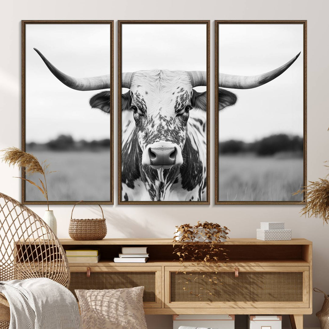 Highland Cow Wall Art: Black and White Longhorn Canvas Print.