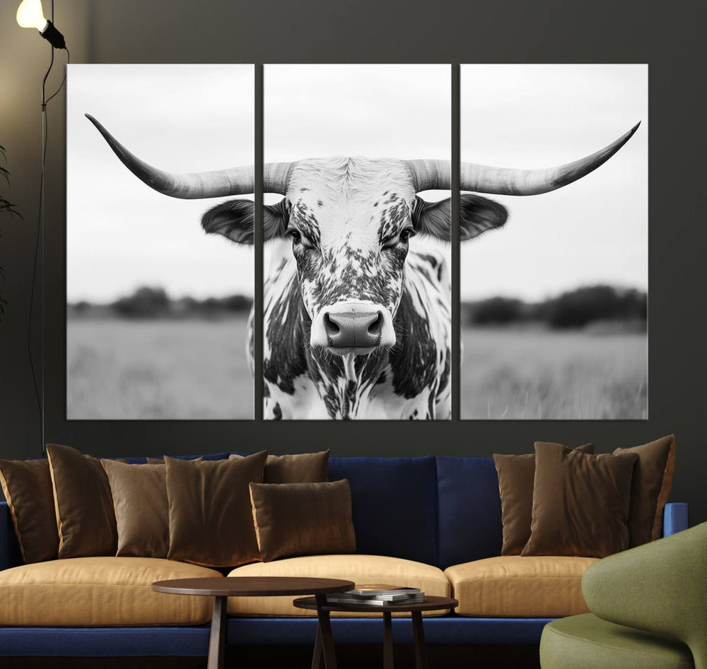 Highland Cow Wall Art: Black and White Longhorn Canvas Print.