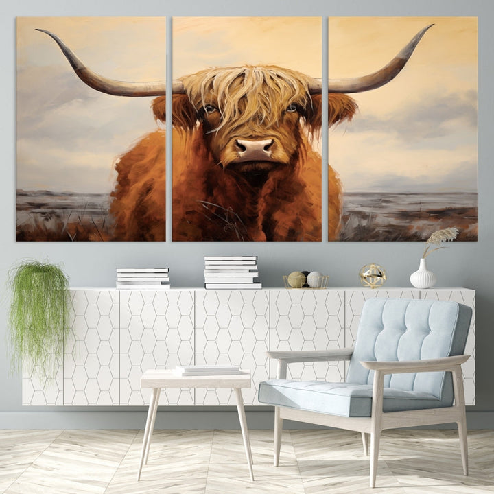 The Highland Cow Wall Art Canvas Print - Rustic Modern Decor, features a framed large panel showcasing a shaggy-haired cow with long horns, adding rustic charm to any space. Available in 3 or 5 pieces and ready to hang, it's perfect for the living room, office, or dining room.