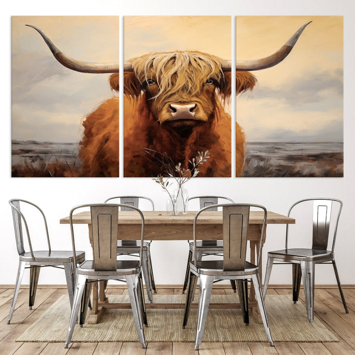 The Highland Cow Wall Art Canvas Print - Rustic Modern Decor, features a framed large panel showcasing a shaggy-haired cow with long horns, adding rustic charm to any space. Available in 3 or 5 pieces and ready to hang, it's perfect for the living room, office, or dining room.