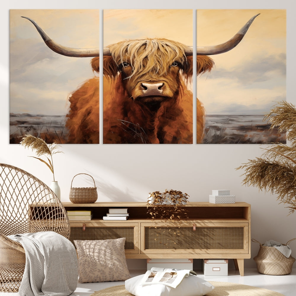 The Highland Cow Wall Art Canvas Print - Rustic Modern Decor, features a framed large panel showcasing a shaggy-haired cow with long horns, adding rustic charm to any space. Available in 3 or 5 pieces and ready to hang, it's perfect for the living room, office, or dining room.