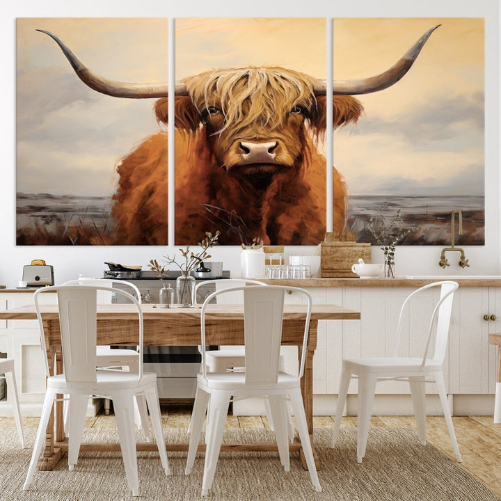 The Highland Cow Wall Art Canvas Print - Rustic Modern Decor, features a framed large panel showcasing a shaggy-haired cow with long horns, adding rustic charm to any space. Available in 3 or 5 pieces and ready to hang, it's perfect for the living room, office, or dining room.