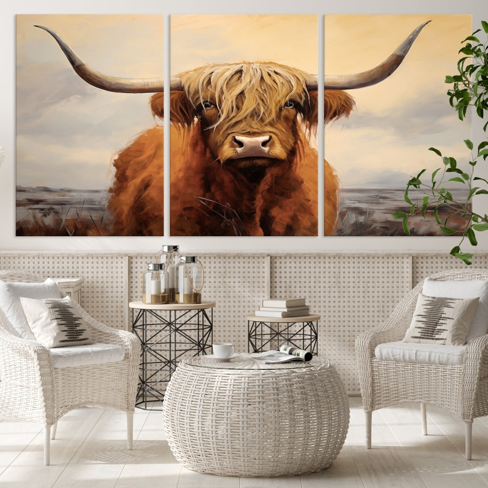 The Highland Cow Wall Art Canvas Print - Rustic Modern Decor, features a framed large panel showcasing a shaggy-haired cow with long horns, adding rustic charm to any space. Available in 3 or 5 pieces and ready to hang, it's perfect for the living room, office, or dining room.