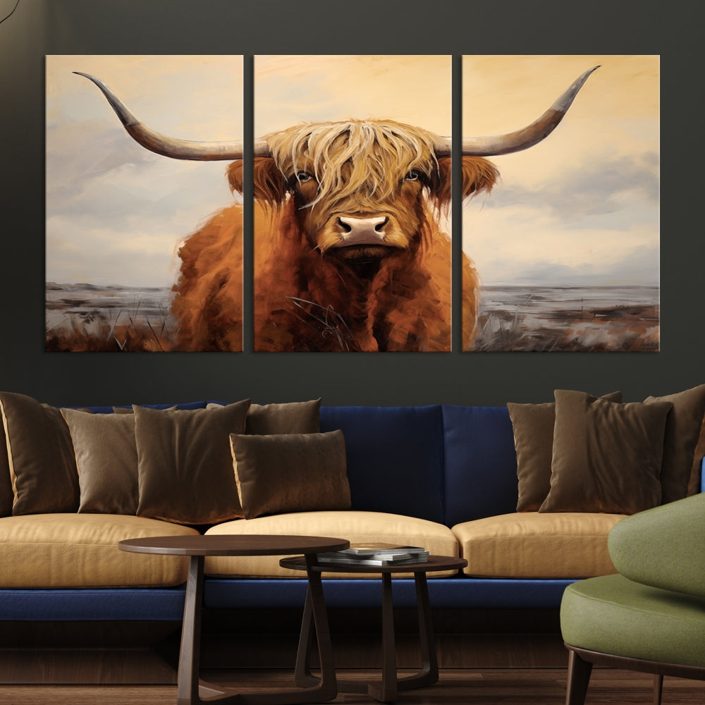 The Highland Cow Wall Art Canvas Print - Rustic Modern Decor, features a framed large panel showcasing a shaggy-haired cow with long horns, adding rustic charm to any space. Available in 3 or 5 pieces and ready to hang, it's perfect for the living room, office, or dining room.