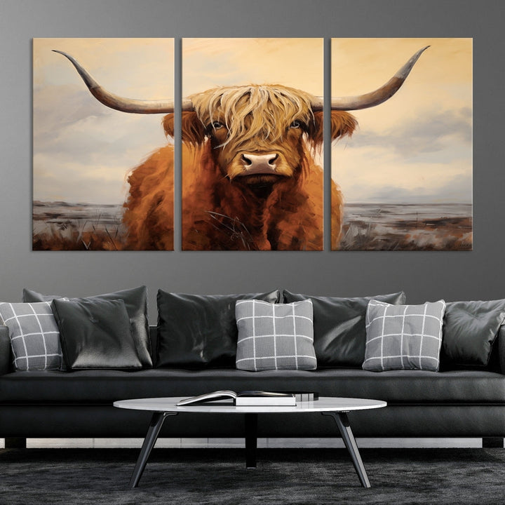 The Highland Cow Wall Art Canvas Print - Rustic Modern Decor, features a framed large panel showcasing a shaggy-haired cow with long horns, adding rustic charm to any space. Available in 3 or 5 pieces and ready to hang, it's perfect for the living room, office, or dining room.