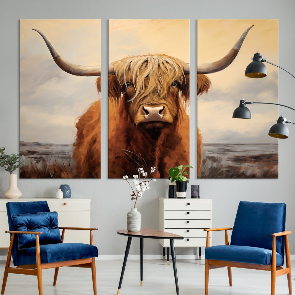 The Highland Cow Wall Art Canvas Print - Rustic Modern Decor, features a framed large panel showcasing a shaggy-haired cow with long horns, adding rustic charm to any space. Available in 3 or 5 pieces and ready to hang, it's perfect for the living room, office, or dining room.