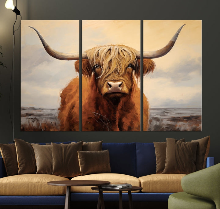 The Highland Cow Wall Art Canvas Print - Rustic Modern Decor, features a framed large panel showcasing a shaggy-haired cow with long horns, adding rustic charm to any space. Available in 3 or 5 pieces and ready to hang, it's perfect for the living room, office, or dining room.