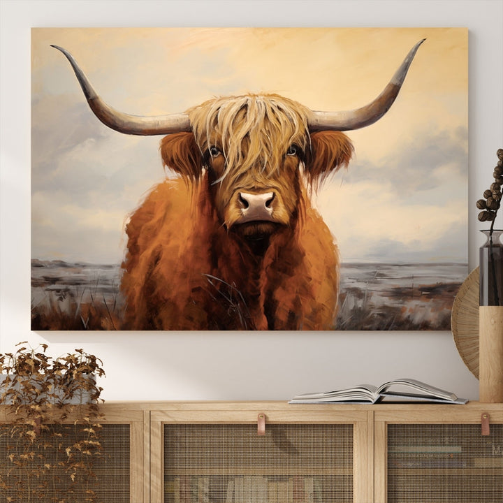 The Highland Cow Wall Art Canvas Print - Rustic Modern Decor, features a framed large panel showcasing a shaggy-haired cow with long horns, adding rustic charm to any space. Available in 3 or 5 pieces and ready to hang, it's perfect for the living room, office, or dining room.