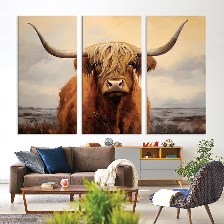 The Highland Cow Wall Art Canvas Print - Rustic Modern Decor, features a framed large panel showcasing a shaggy-haired cow with long horns, adding rustic charm to any space. Available in 3 or 5 pieces and ready to hang, it's perfect for the living room, office, or dining room.