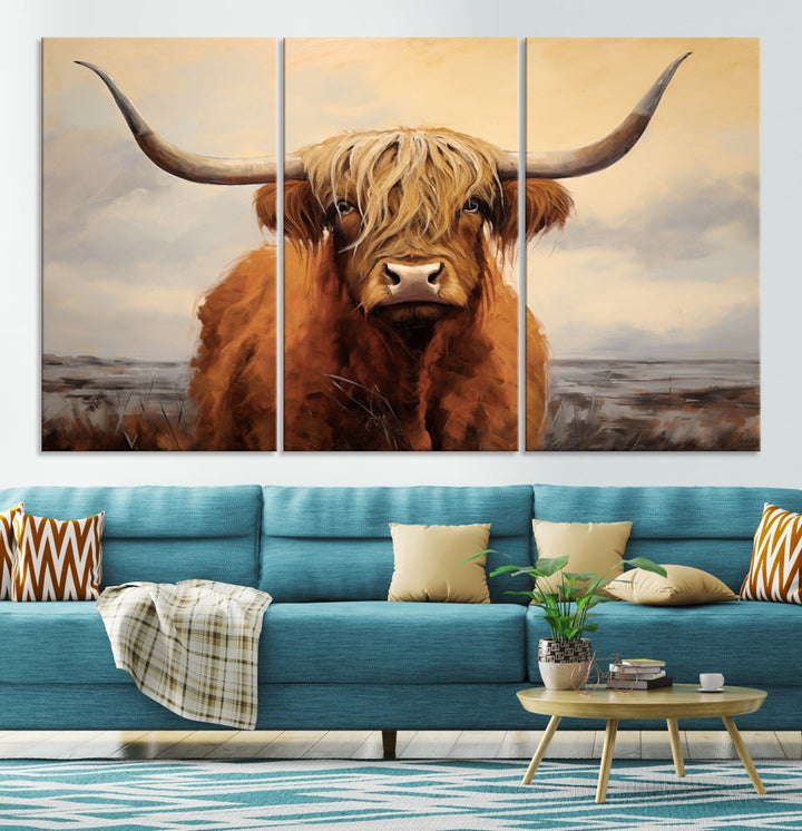 The Highland Cow Wall Art Canvas Print - Rustic Modern Decor, features a framed large panel showcasing a shaggy-haired cow with long horns, adding rustic charm to any space. Available in 3 or 5 pieces and ready to hang, it's perfect for the living room, office, or dining room.