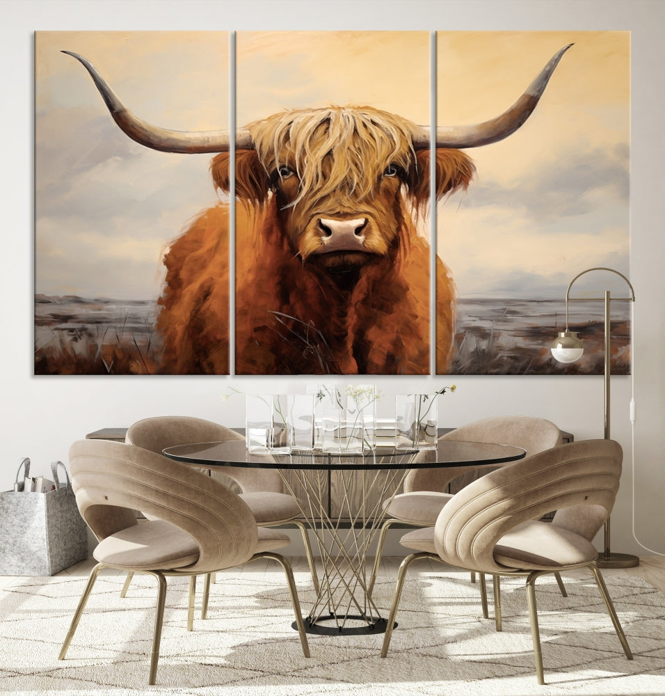 The Highland Cow Wall Art Canvas Print - Rustic Modern Decor, features a framed large panel showcasing a shaggy-haired cow with long horns, adding rustic charm to any space. Available in 3 or 5 pieces and ready to hang, it's perfect for the living room, office, or dining room.