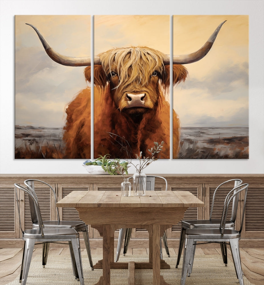 The Highland Cow Wall Art Canvas Print - Rustic Modern Decor, features a framed large panel showcasing a shaggy-haired cow with long horns, adding rustic charm to any space. Available in 3 or 5 pieces and ready to hang, it's perfect for the living room, office, or dining room.