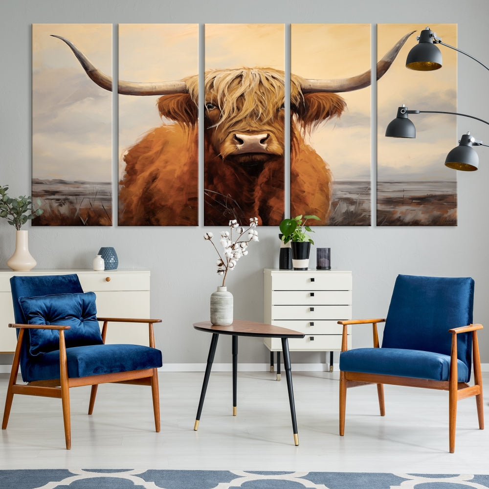 The Highland Cow Wall Art Canvas Print - Rustic Modern Decor, features a framed large panel showcasing a shaggy-haired cow with long horns, adding rustic charm to any space. Available in 3 or 5 pieces and ready to hang, it's perfect for the living room, office, or dining room.