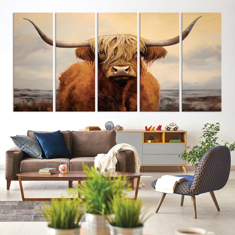 The Highland Cow Wall Art Canvas Print - Rustic Modern Decor, features a framed large panel showcasing a shaggy-haired cow with long horns, adding rustic charm to any space. Available in 3 or 5 pieces and ready to hang, it's perfect for the living room, office, or dining room.