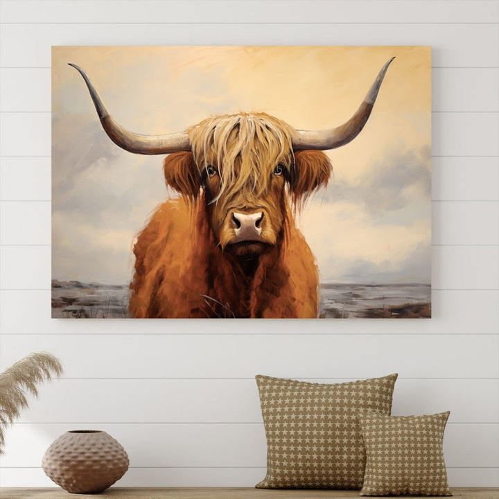 The Highland Cow Wall Art Canvas Print - Rustic Modern Decor, features a framed large panel showcasing a shaggy-haired cow with long horns, adding rustic charm to any space. Available in 3 or 5 pieces and ready to hang, it's perfect for the living room, office, or dining room.