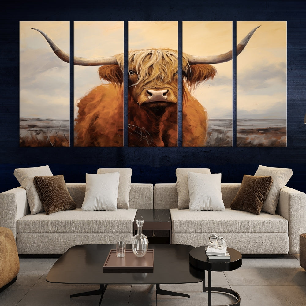 The Highland Cow Wall Art Canvas Print - Rustic Modern Decor, features a framed large panel showcasing a shaggy-haired cow with long horns, adding rustic charm to any space. Available in 3 or 5 pieces and ready to hang, it's perfect for the living room, office, or dining room.