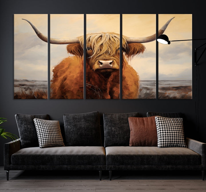 The Highland Cow Wall Art Canvas Print - Rustic Modern Decor, features a framed large panel showcasing a shaggy-haired cow with long horns, adding rustic charm to any space. Available in 3 or 5 pieces and ready to hang, it's perfect for the living room, office, or dining room.