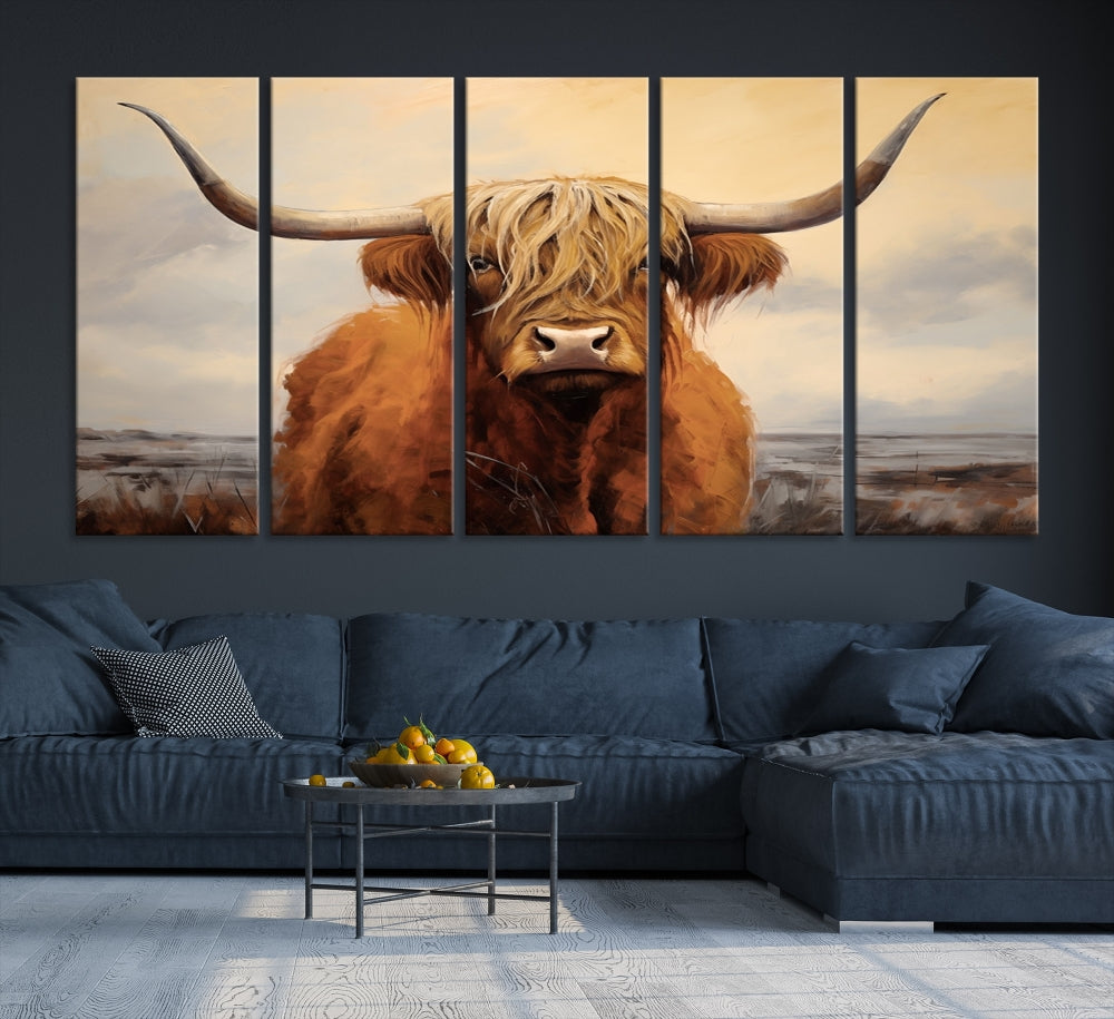 The Highland Cow Wall Art Canvas Print - Rustic Modern Decor, features a framed large panel showcasing a shaggy-haired cow with long horns, adding rustic charm to any space. Available in 3 or 5 pieces and ready to hang, it's perfect for the living room, office, or dining room.