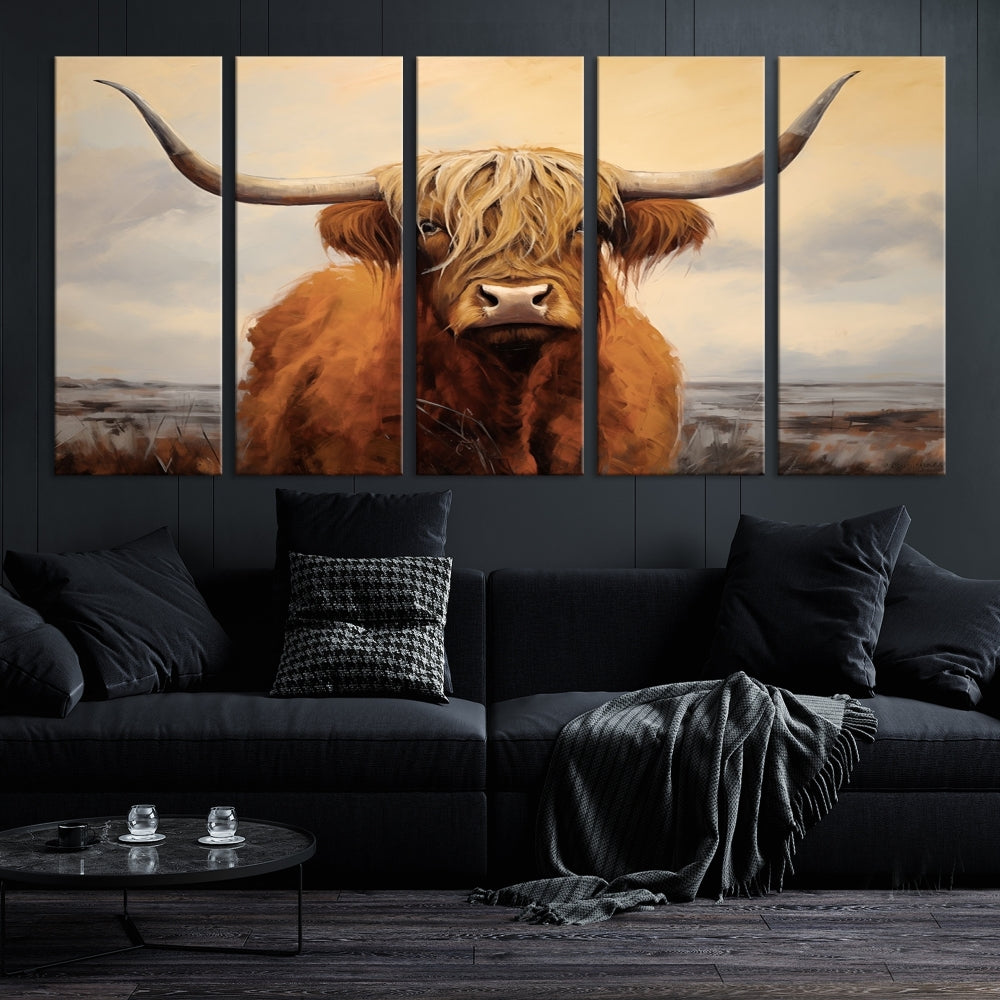 The Highland Cow Wall Art Canvas Print - Rustic Modern Decor, features a framed large panel showcasing a shaggy-haired cow with long horns, adding rustic charm to any space. Available in 3 or 5 pieces and ready to hang, it's perfect for the living room, office, or dining room.