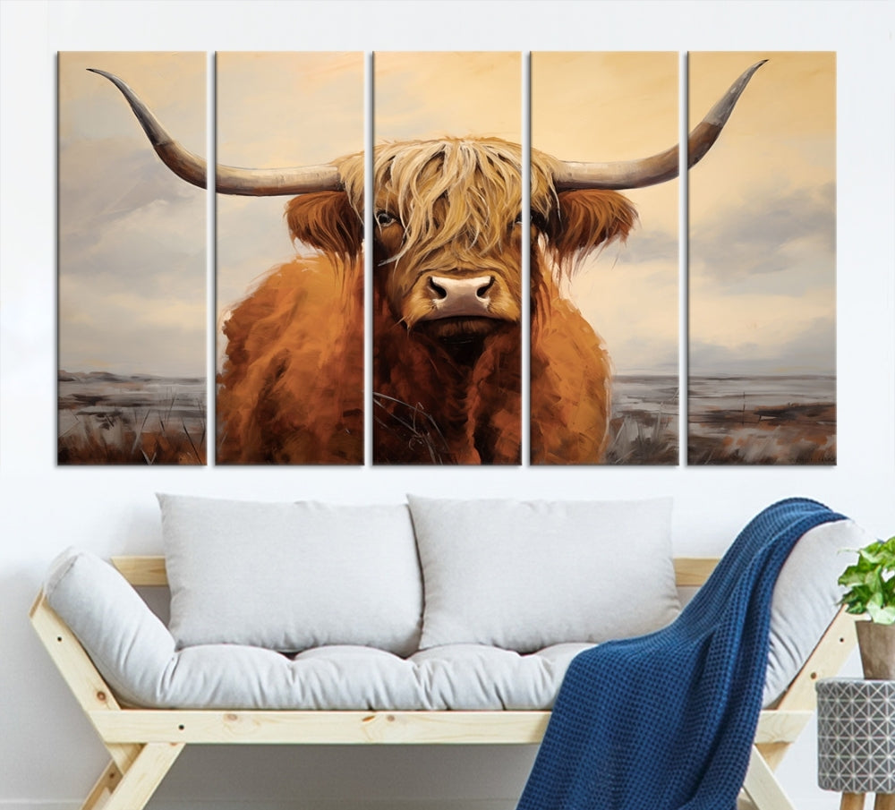 The Highland Cow Wall Art Canvas Print - Rustic Modern Decor, features a framed large panel showcasing a shaggy-haired cow with long horns, adding rustic charm to any space. Available in 3 or 5 pieces and ready to hang, it's perfect for the living room, office, or dining room.