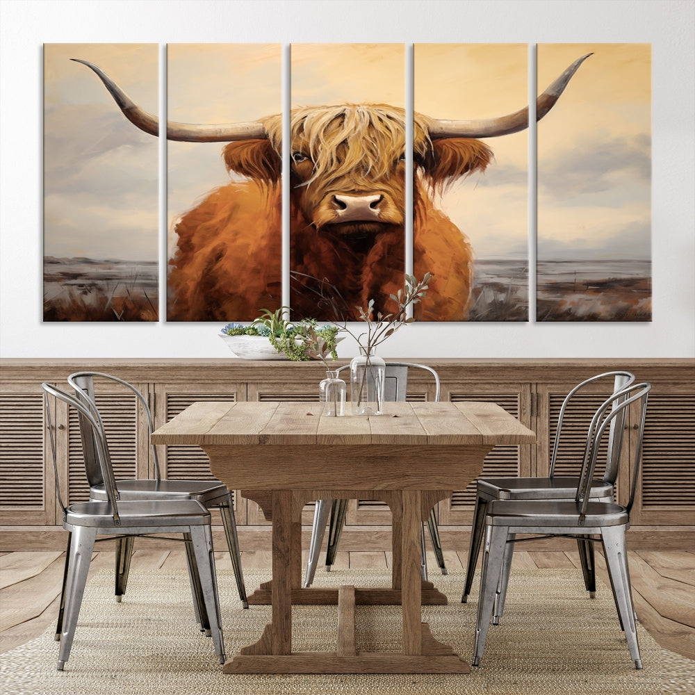 The Highland Cow Wall Art Canvas Print - Rustic Modern Decor, features a framed large panel showcasing a shaggy-haired cow with long horns, adding rustic charm to any space. Available in 3 or 5 pieces and ready to hang, it's perfect for the living room, office, or dining room.