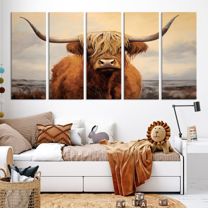 The Highland Cow Wall Art Canvas Print - Rustic Modern Decor, features a framed large panel showcasing a shaggy-haired cow with long horns, adding rustic charm to any space. Available in 3 or 5 pieces and ready to hang, it's perfect for the living room, office, or dining room.