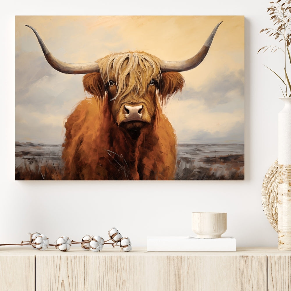 The Highland Cow Wall Art Canvas Print - Rustic Modern Decor, features a framed large panel showcasing a shaggy-haired cow with long horns, adding rustic charm to any space. Available in 3 or 5 pieces and ready to hang, it's perfect for the living room, office, or dining room.