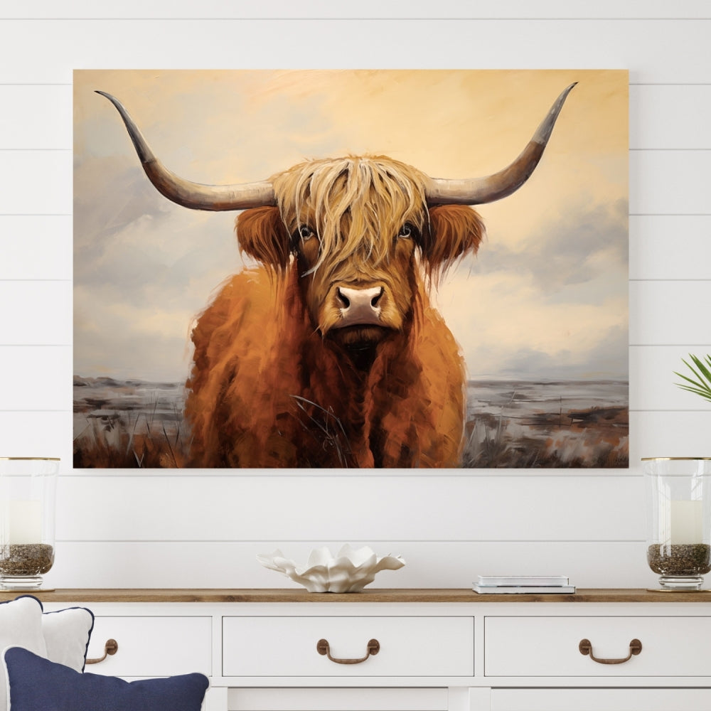 The Highland Cow Wall Art Canvas Print - Rustic Modern Decor, features a framed large panel showcasing a shaggy-haired cow with long horns, adding rustic charm to any space. Available in 3 or 5 pieces and ready to hang, it's perfect for the living room, office, or dining room.