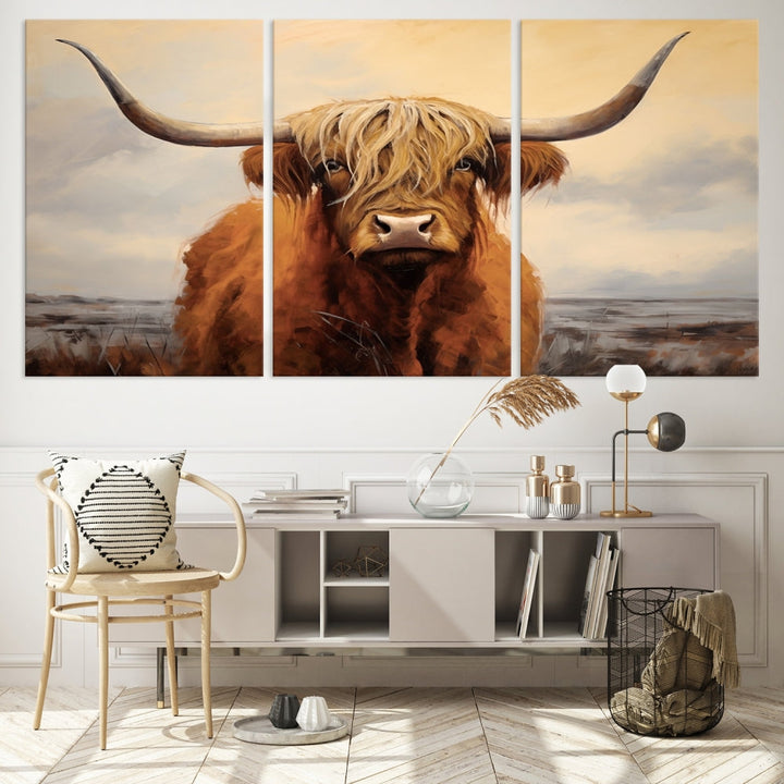 The Highland Cow Wall Art Canvas Print - Rustic Modern Decor, features a framed large panel showcasing a shaggy-haired cow with long horns, adding rustic charm to any space. Available in 3 or 5 pieces and ready to hang, it's perfect for the living room, office, or dining room.